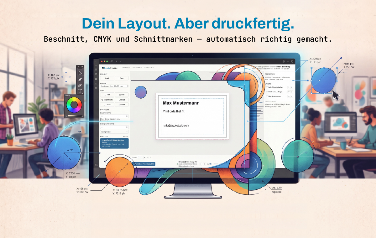 LaydoStudio Editor-Oberfläche mit Visitenkarten-Layout, Beschnitt und Sicherheitsrand