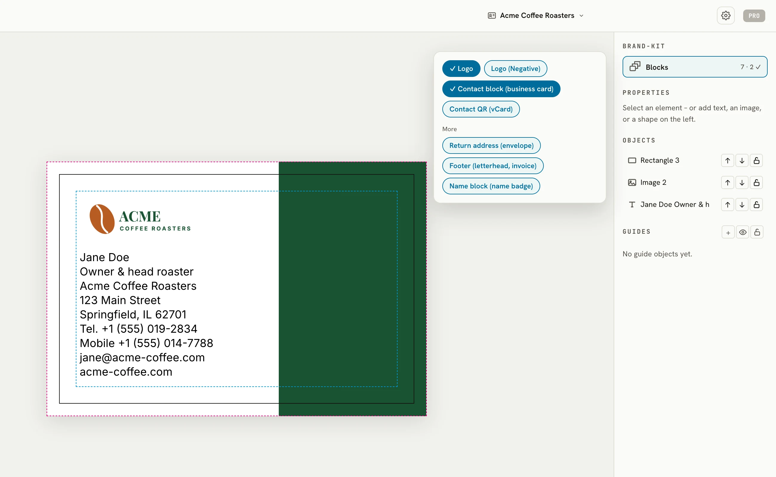 Business card in the LaydoStudio editor, filled from the Brand-Kit: logo and contact block, the Brand-Kit blocks sprung open on the right